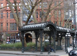 The pergola in Pioneer Square, downtown Seattle, was constructed in 1909 as a shelter for streetcar riders.